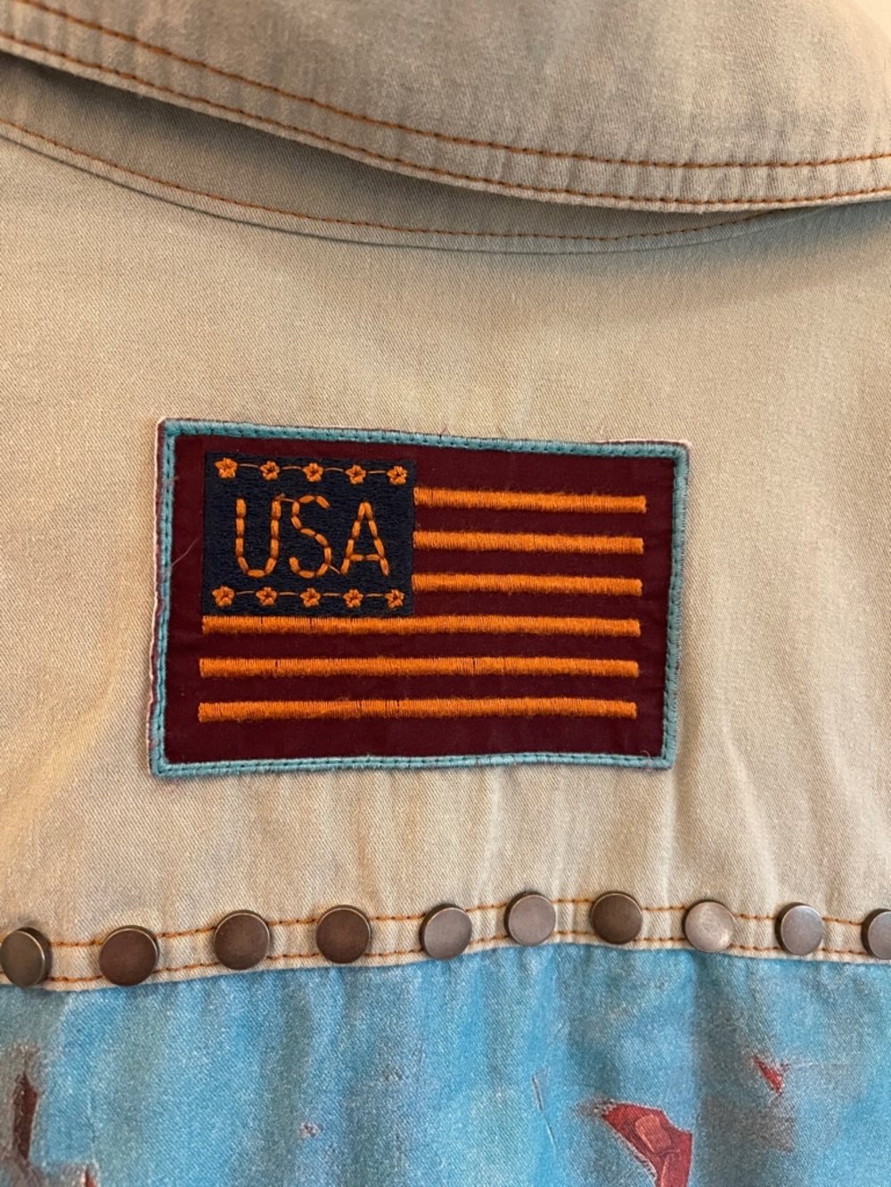 Double D Ranch Khaki Button-Down with Red & Blue Horse Panel - Picture 2 of 8